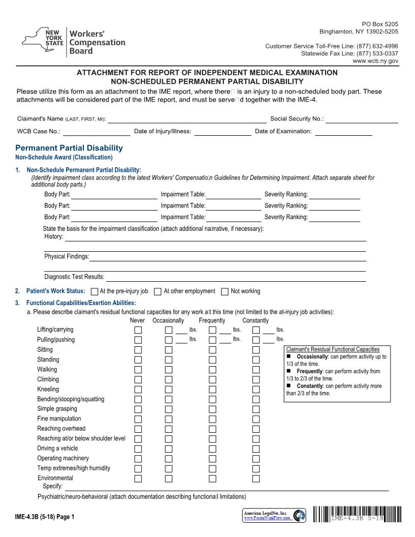 Attachment For Report Of Ind Med Exam Non Scheduled Perm Partial Disability {IME-4.3B} | Pdf Fpdf Docx | New York