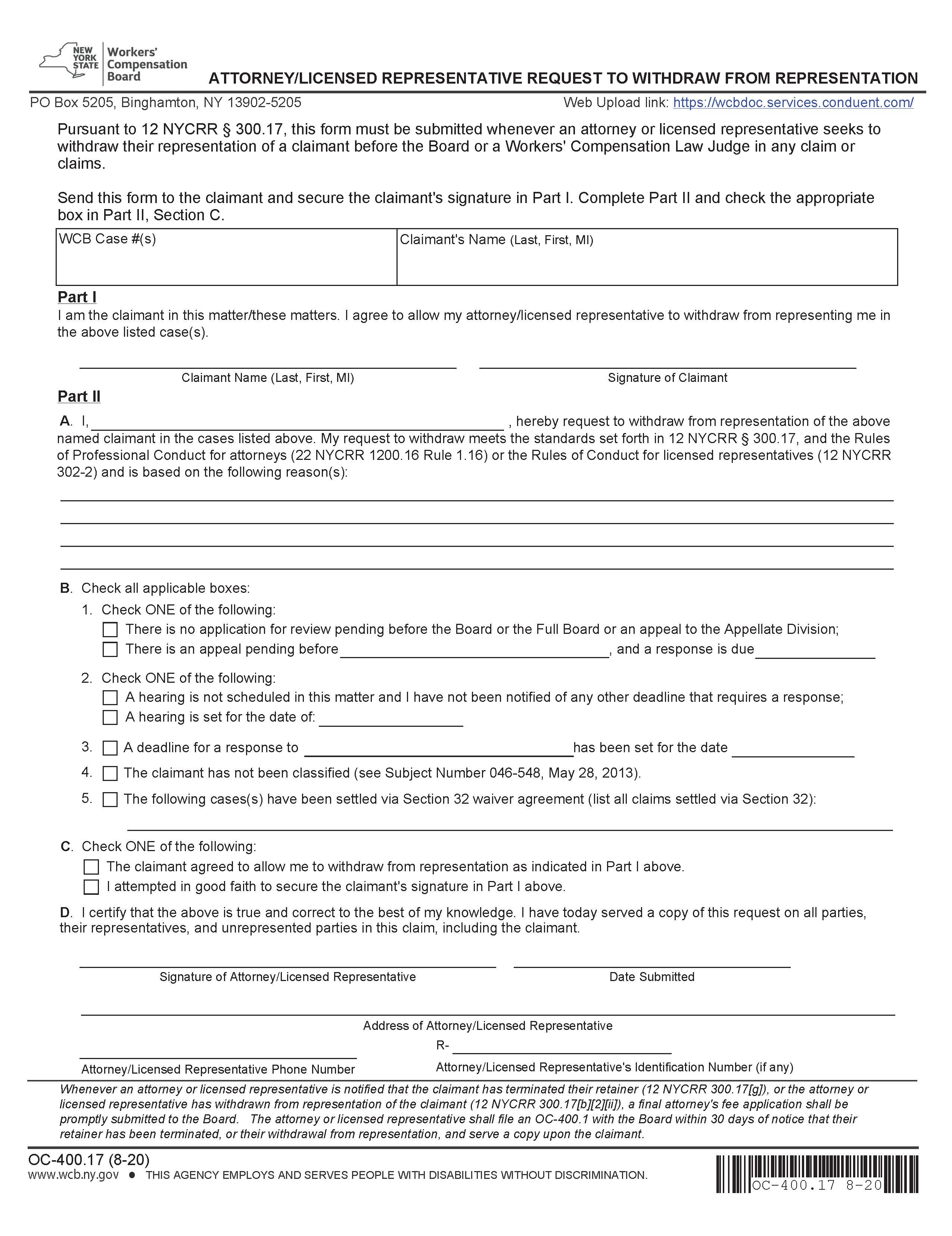 Attorney-Licensed Representative Request To Withdraw From Representation {OC-400.17} | Pdf Fpdf Docx | New York
