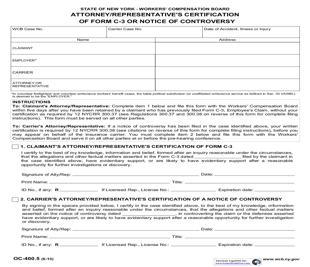 Attorney-Representatives Certification Of Form C-3 Or Notice Of Controversy {OC-400.5} | Pdf Fpdf Doc Docx | New York