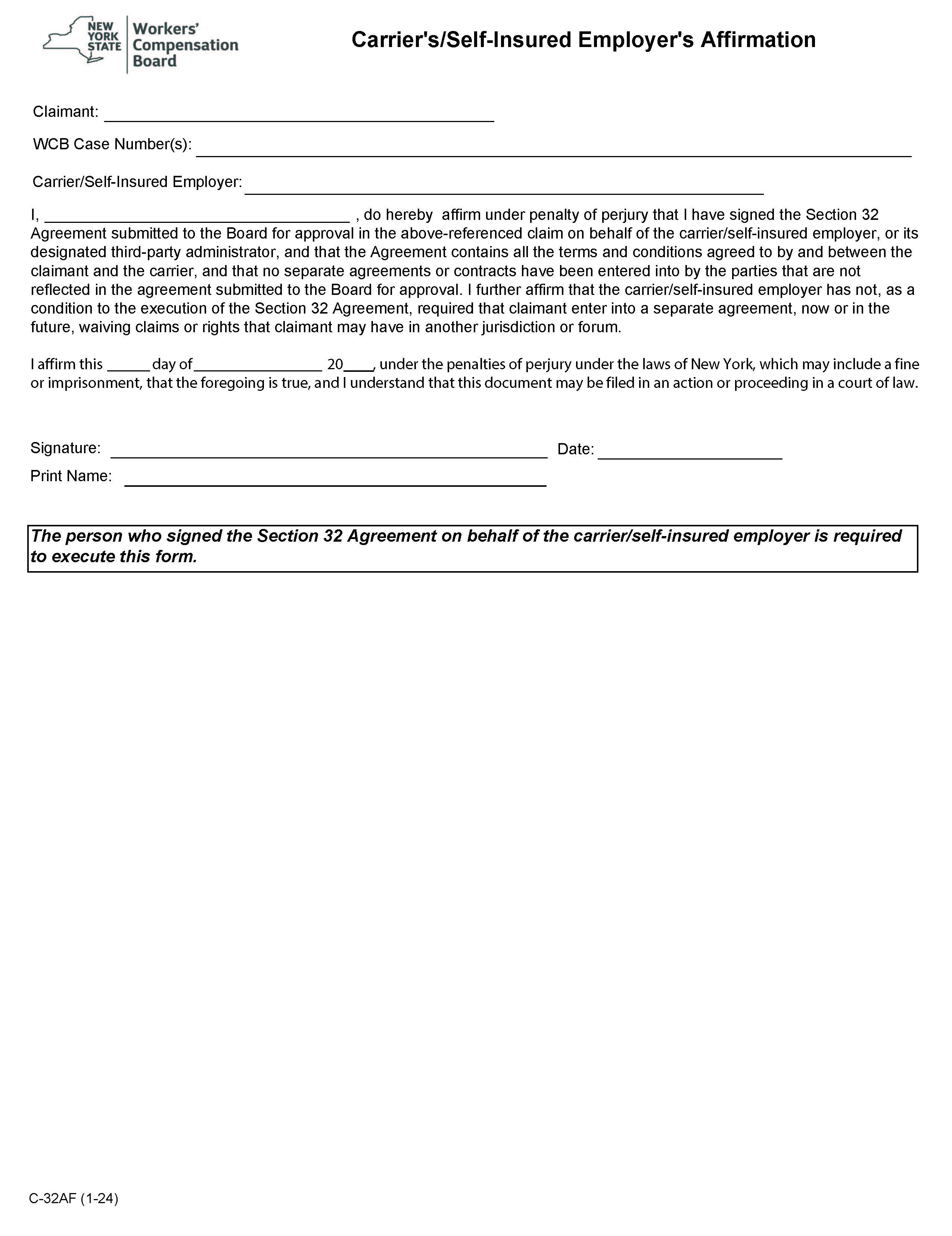 Carriers Or Self-Insured Employers Affirmation {C-32AF} | Pdf Fpdf Docx | New York