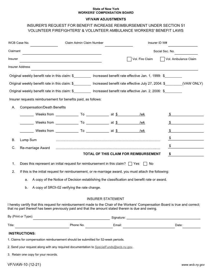 Carriers Request Benefit Increase Reimbursement Under VF-VAW Benefit Laws {VF-VAW-10} | Pdf Fpdf Docx | New York