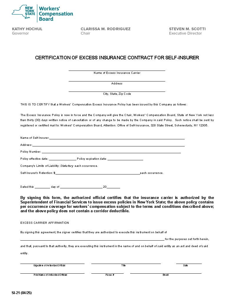 Certification Of Excess Insurance Contract For Self Insurer (SI-21} | Pdf Fpdf Docx | New York