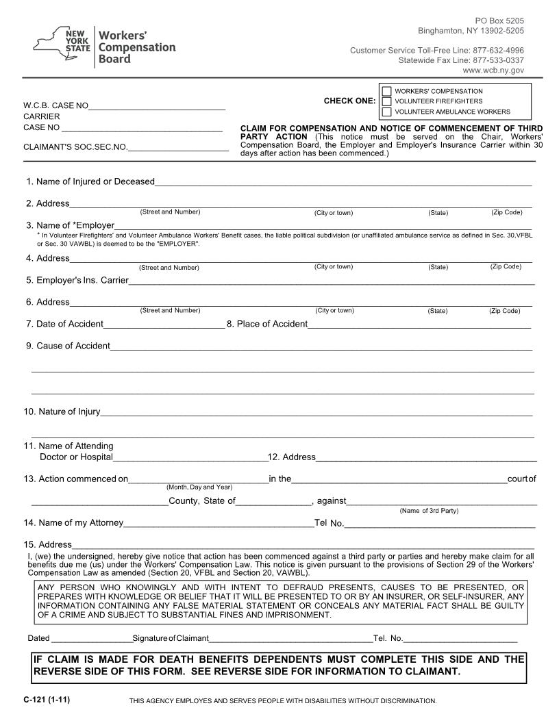 Claim For Compensation And Notice Of Commencement Of Third Party Action {C-121} | Pdf Fpdf Doc Docx | New York