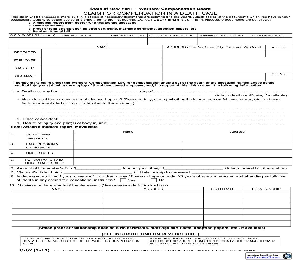 Claim For Compensation In Death Case {C-62} | Pdf Fpdf Doc Docx | New York