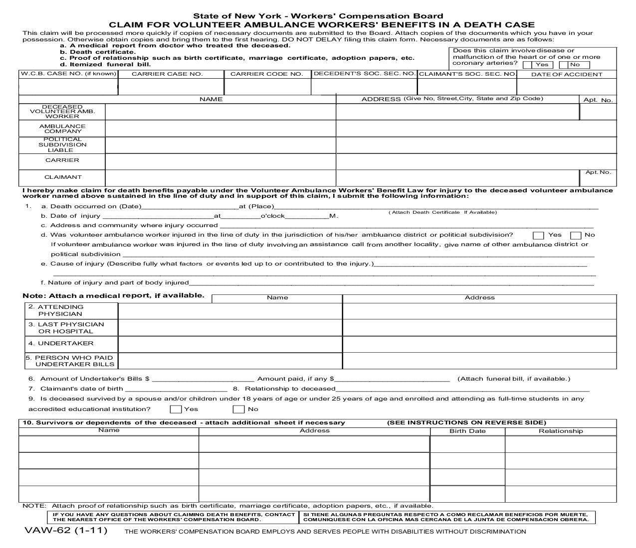 Claim For Volunteer Ambulance Workers Benefits In A Death Case {VAW-62} | Pdf Fpdf Doc Docx | New York