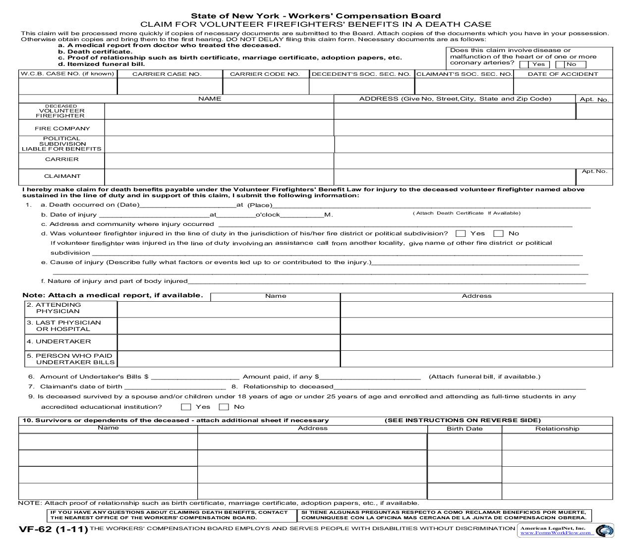 Claim For Volunteer Firefighters Benefits In A Death Case {VF-62} | Pdf Fpdf Doc Docx | New York