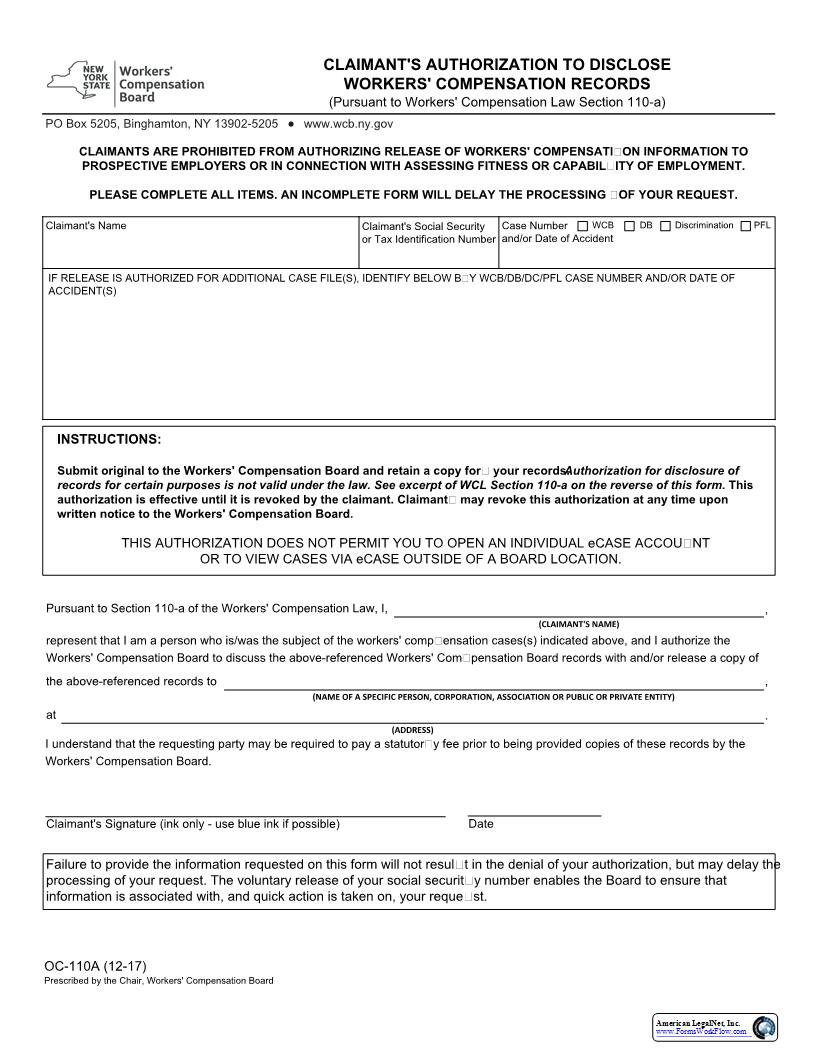Claimants Authorization To Disclose Workers Compensation Records {OC-110A} | Pdf Fpdf Docx | New York