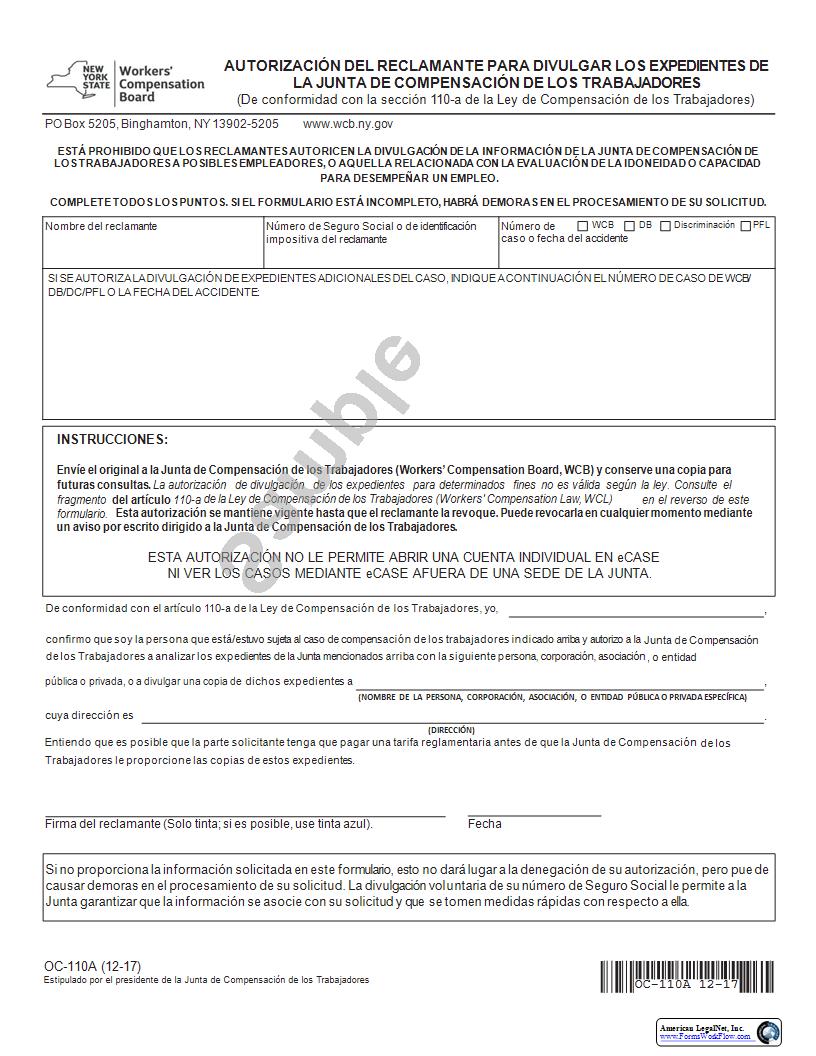 Claimants Authorization To Disclose Workers Compensation Records (Autorizacion Del Reclamante - Spanish) {OC-110A} | Pdf Fpdf Docx | New York