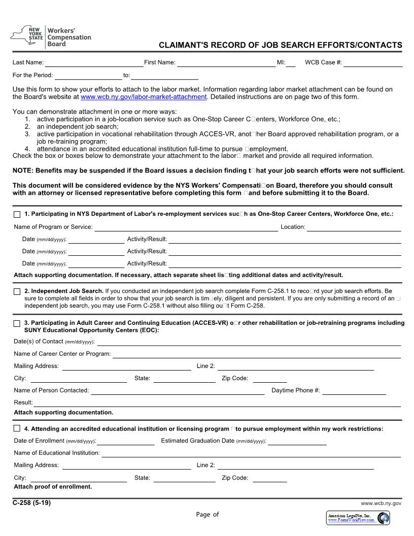 Claimants Record Of Job Search Efforts Contacts {C-258} | Pdf Fpdf Docx | New York