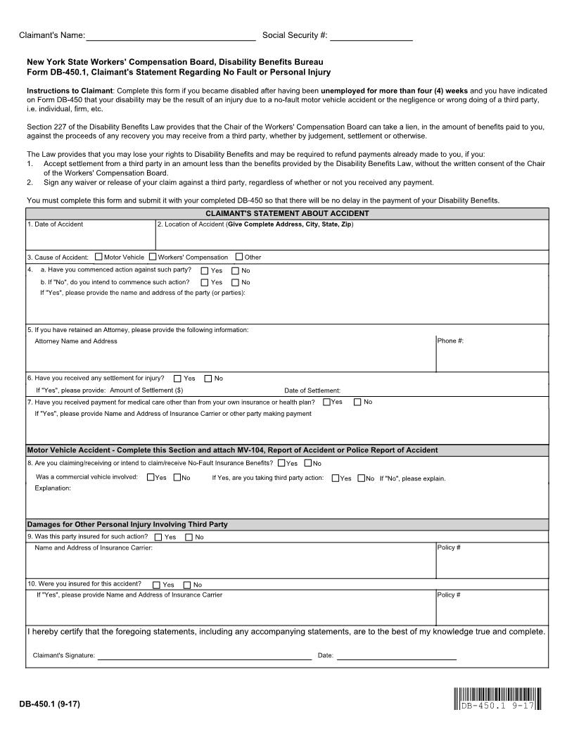 Claimants Statement Regarding No Fault Or Personal Injury {DB-450.1} | Pdf Fpdf Docx | New York