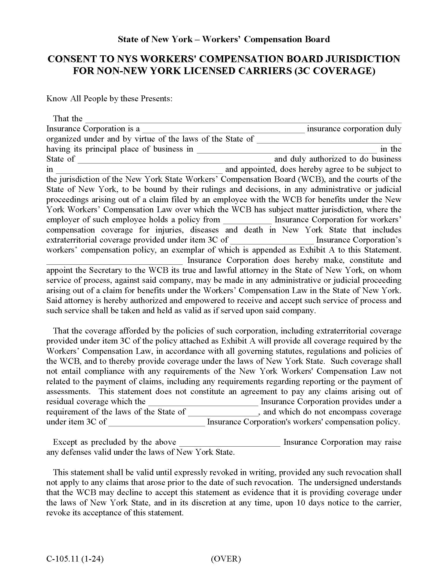 Consent To NYS WCB Jurisdiction For Non-NY Carriers (3C Coverage) {C-105.11} | Pdf Fpdf Doc Docx | New York