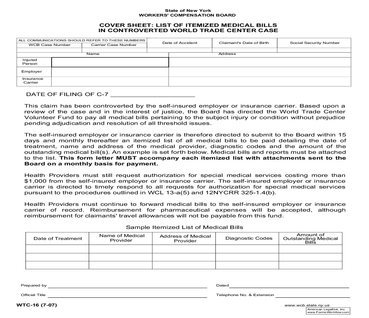 Cover Sheet-List Of Itemized Medical Bills In Controverted World Trade Center Case {WTC-16} | Pdf Fpdf Doc Docx | New York