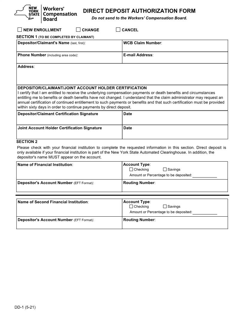 Direct Deposit Authorization Form {DD-1} | Pdf Fpdf Docx | New York