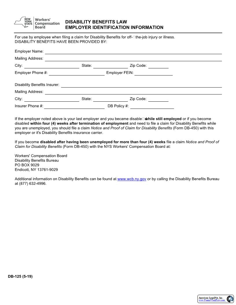 Disability Benefits Law Employer Identification Information {DB-125} | Pdf Fpdf Docx | New York