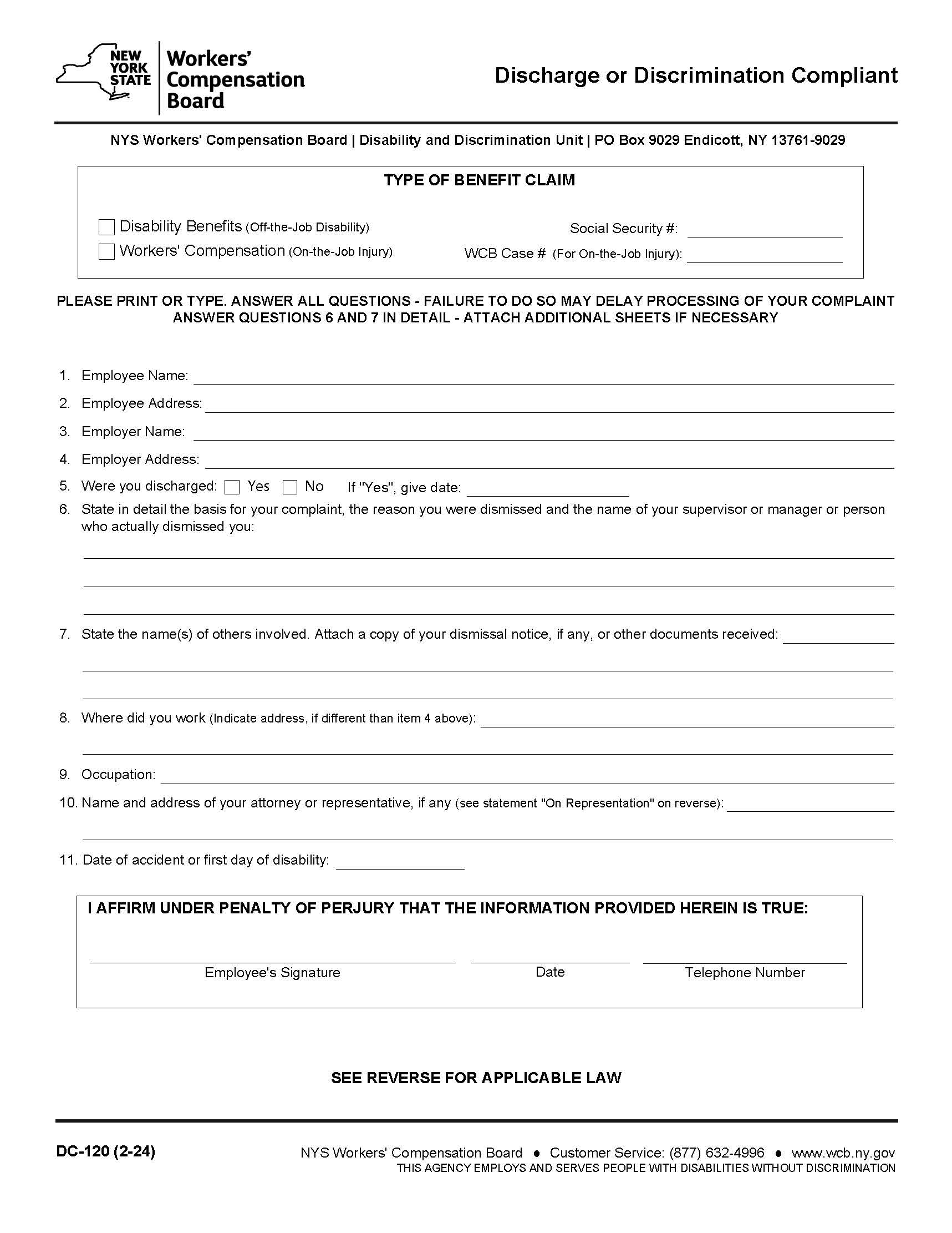 Discharge Or Discrimination Complaint {DC-120} | Pdf Fpdf Doc Docx | New York