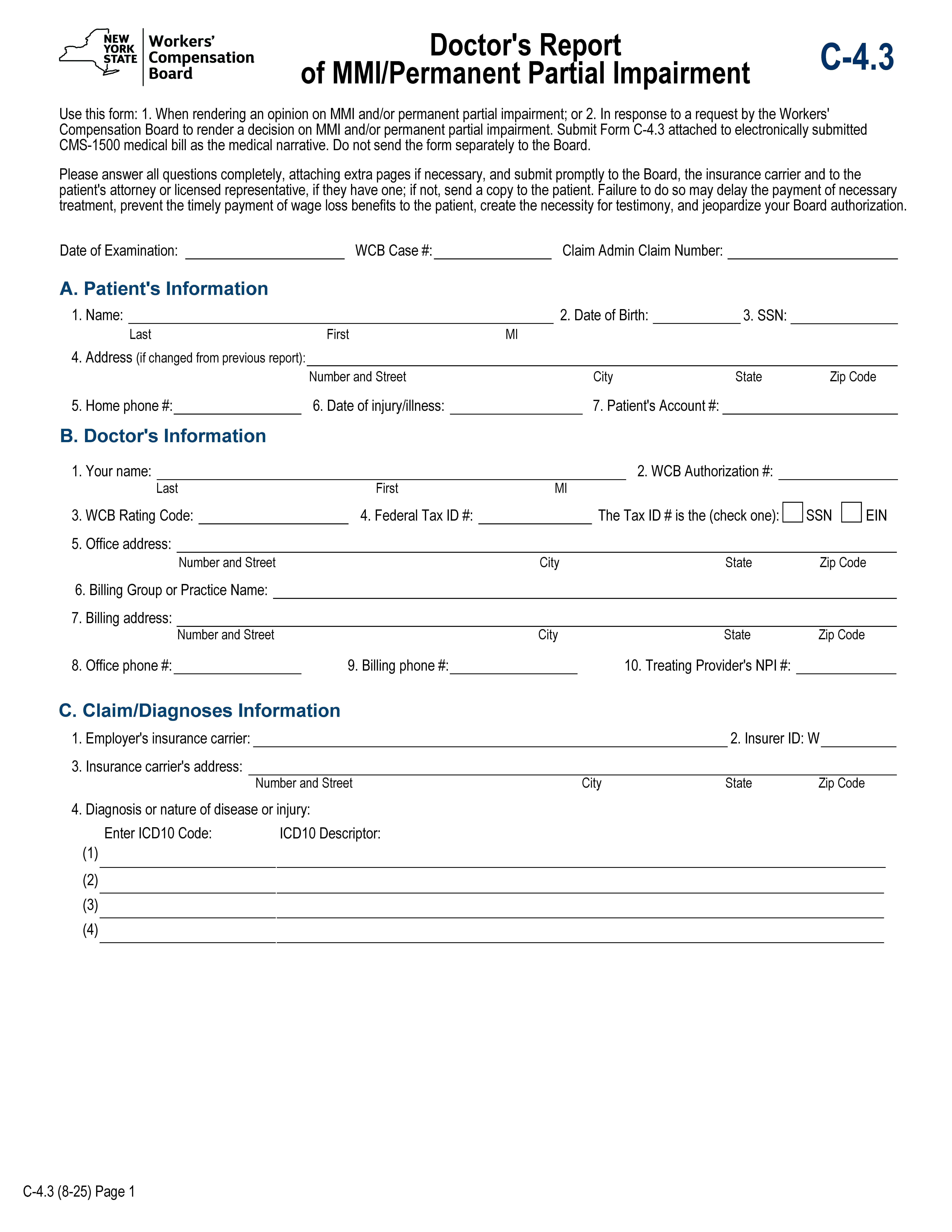 Doctors Report Of MMI-Permanent Partial Impairment {C-4.3} | Pdf Fpdf Docx | New York