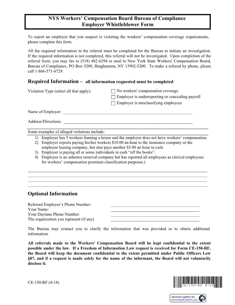 Employer Whistleblower Form {CE-150-RF} | Pdf Fpdf Docx | New York