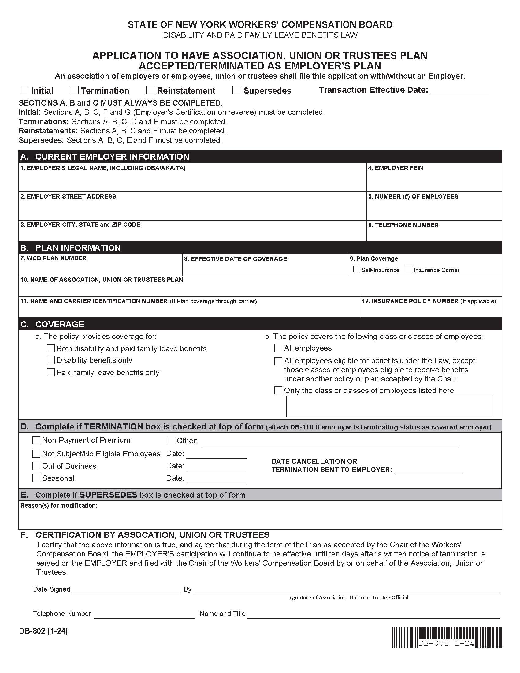 Employers Application To Have Association Union Or Trustee Plan Accepted As Employers Plan {DB-802} | Pdf Fpdf Docx | New York