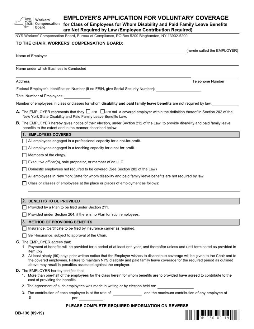 Employers Application Voluntary For Employees Benefits Not Required (Employee Contrib) {DB-136} | Pdf Fpdf Doc Docx | New York