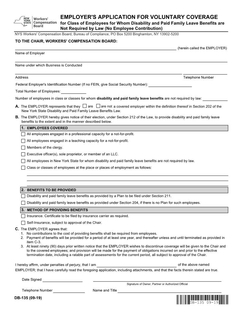 Employers Application Voluntary For Employees Benefits Not Required (No Contrib) {DB-135} | Pdf Fpdf Docx | New York