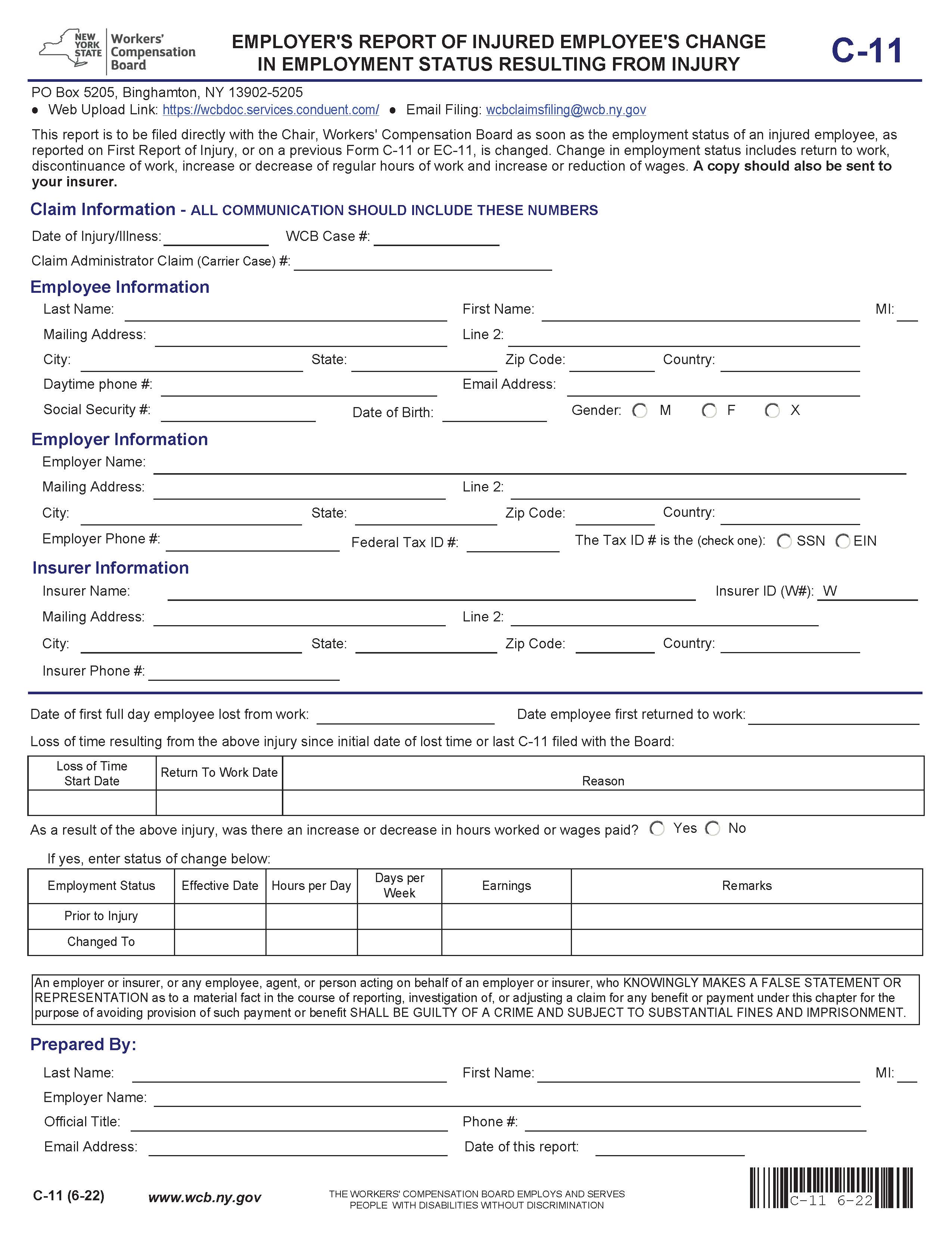 Employers Report Of Injured Employees Change In Employment Status Resulting From Injury {C-11} | Pdf Fpdf Doc Docx | New York