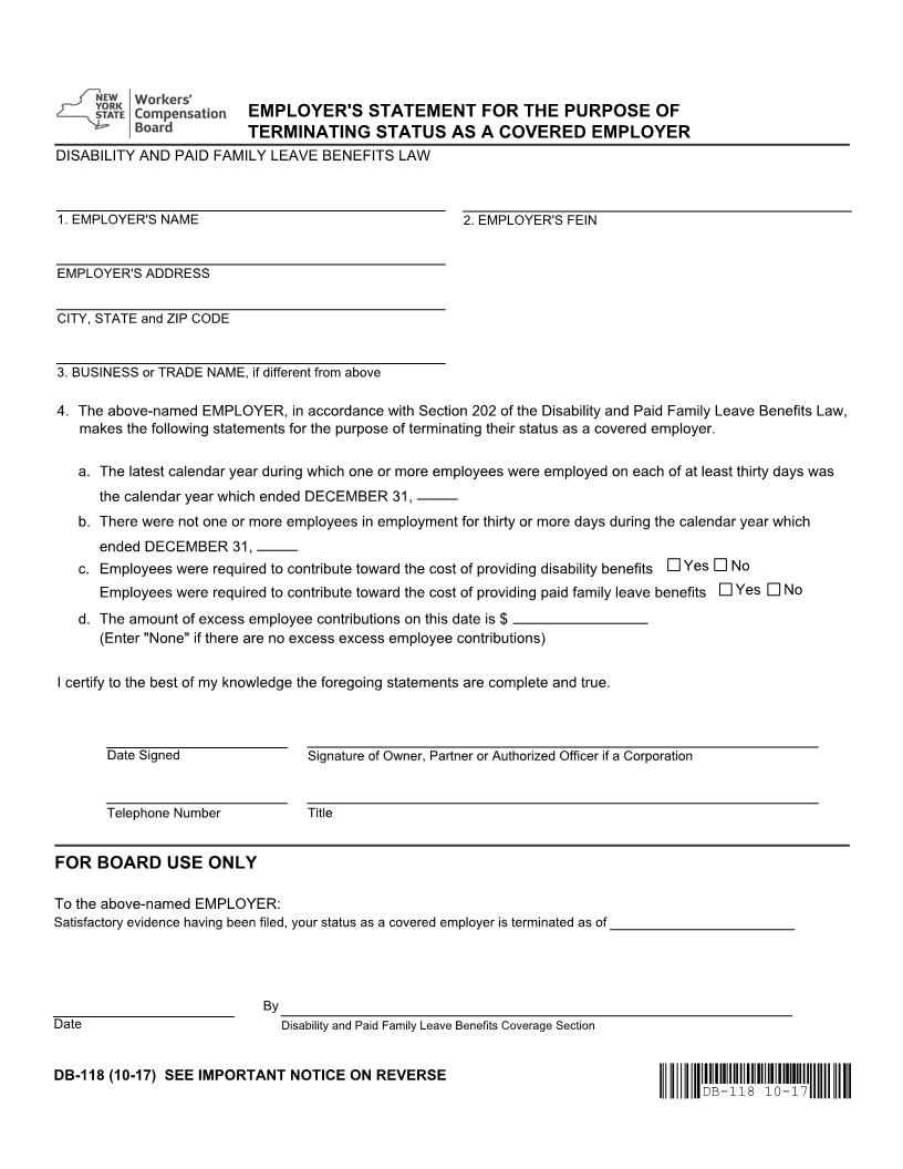 Employers Statement For Purpose Of Terminating Status As Covered Employer {DB-118} | Pdf Fpdf Docx | New York