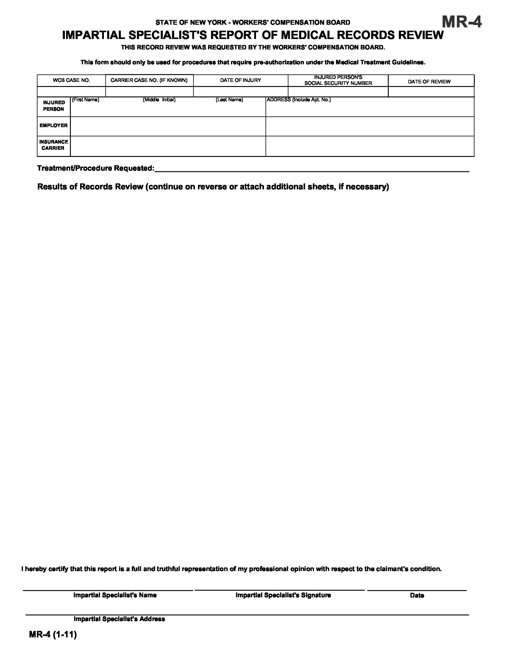 Impartial Specialists Report Of Medical Records Review {MR-4} | Pdf Fpdf Doc Docx | New York