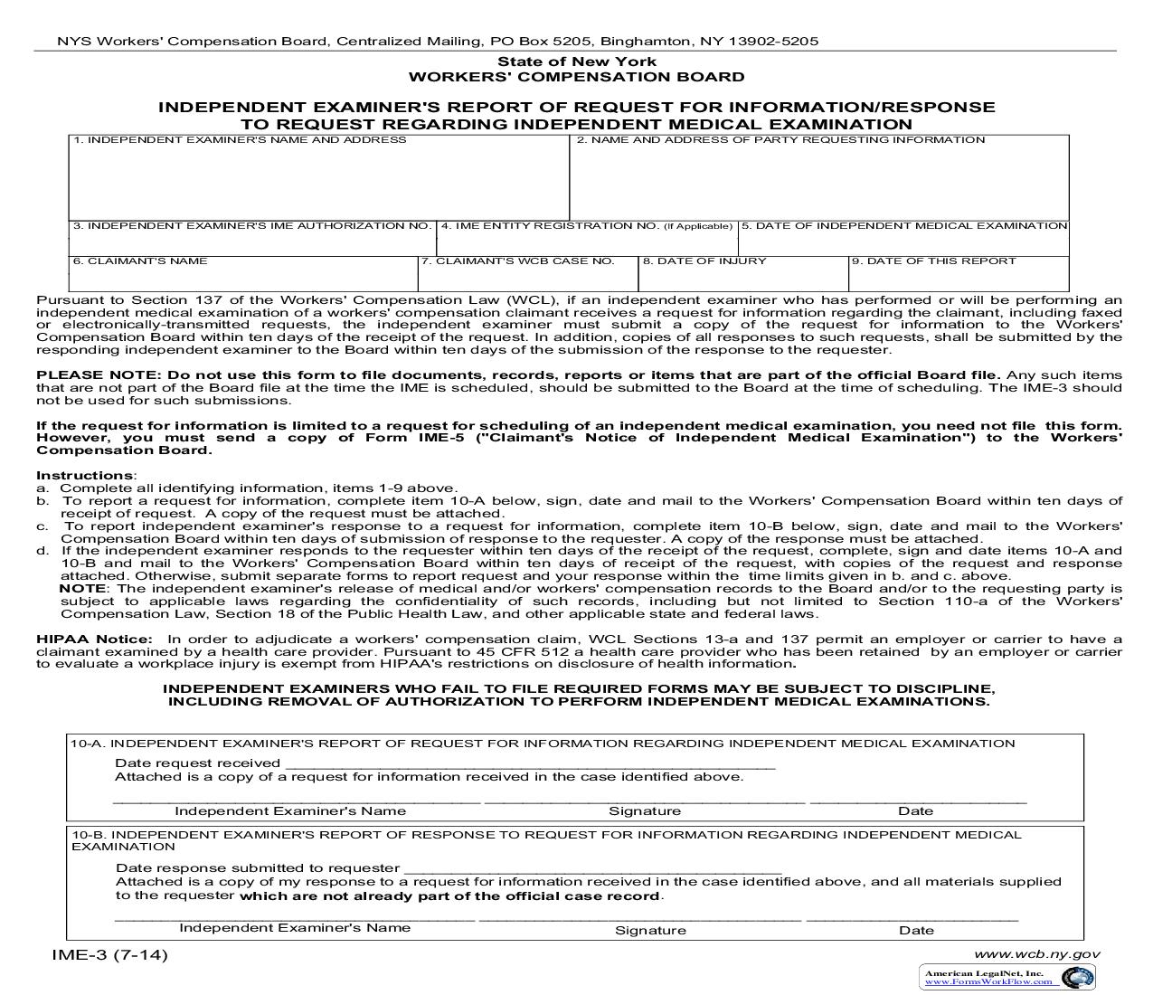 Independent Examiners Report Of Request For Information Or Response To Request Regarding Ind Med Exam {IME-3} | Pdf Fpdf Doc Docx | New York