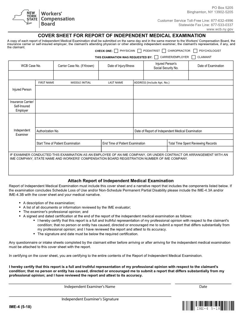 Independent Examiners Report of Independent Medical Examination {IME-4} | Pdf Fpdf Docx | New York
