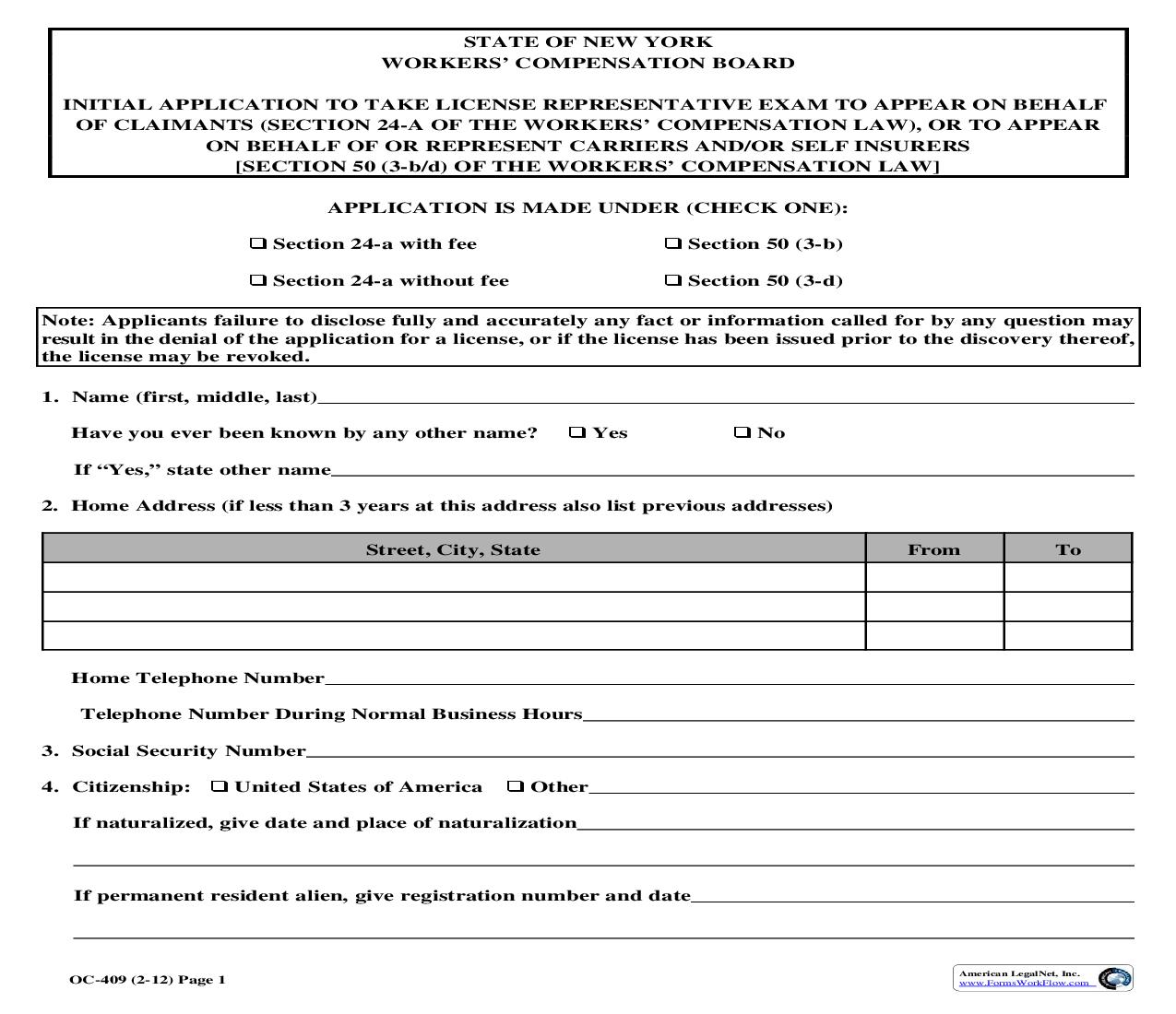 Initial Application To Take License Rep Exam To Appear On Behalf Of Claimants Or To Represent Carriers-Self-Insurers {OC-409} | Pdf Fpdf Doc Docx | New York