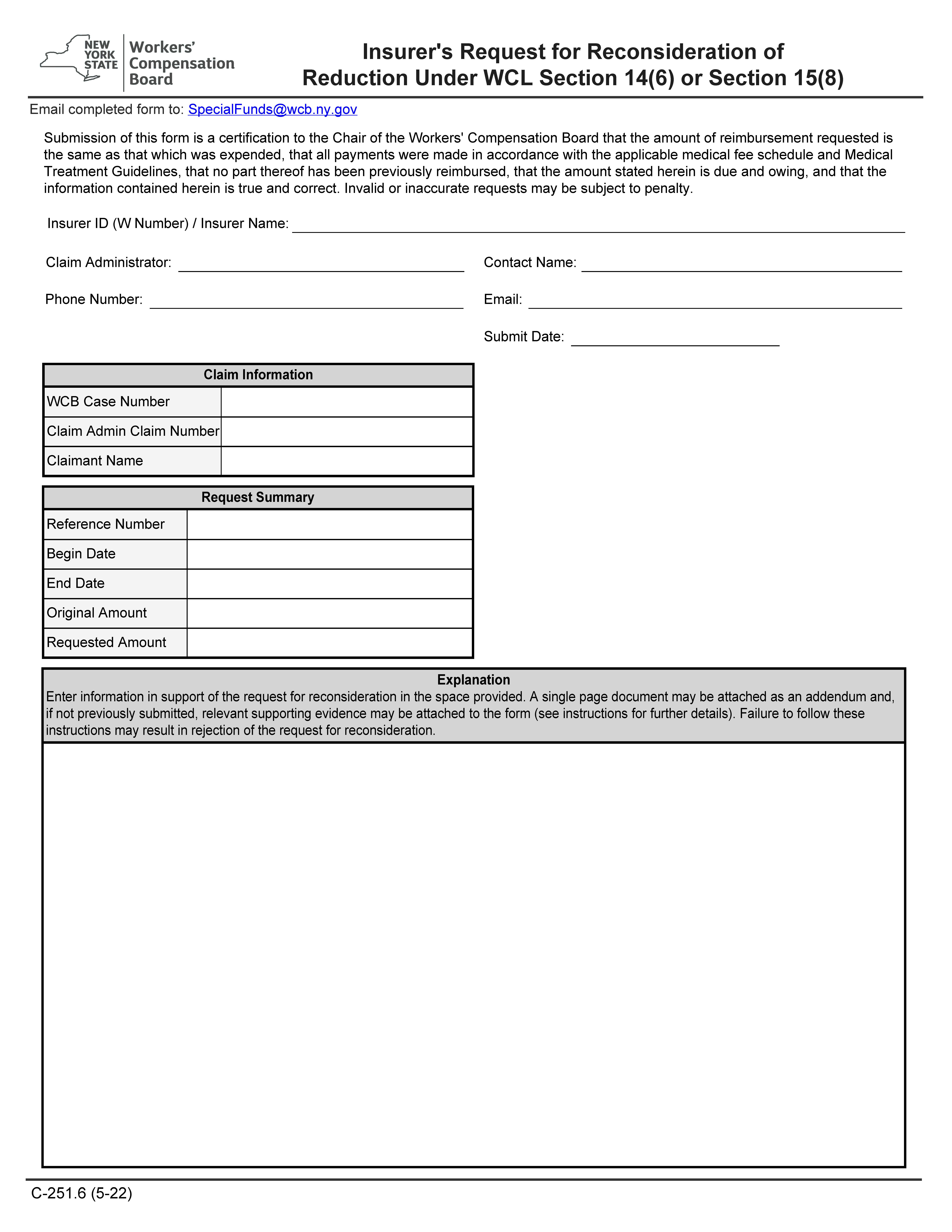 Insurers Request For Reconsideration Of Reduction Under WCL § 14(6) Or 15(8) {C-251.6} | Pdf Fpdf Docx | New York