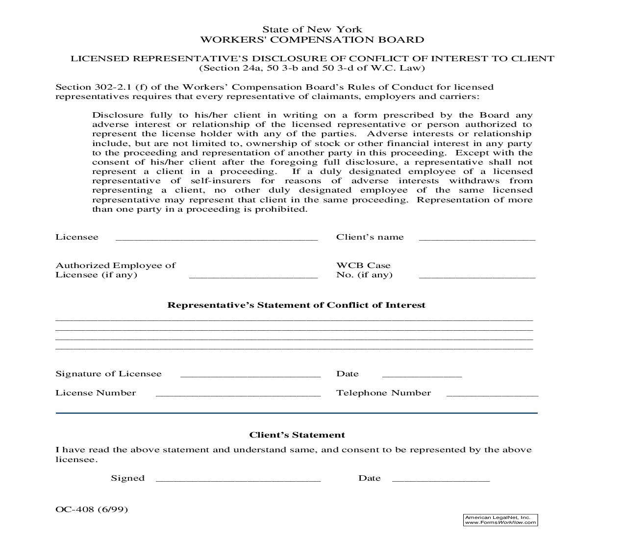Licensed Representatives Disclosure Of Conflict Of Interest To Client {OC-408} | Pdf Fpdf Doc Docx | New York