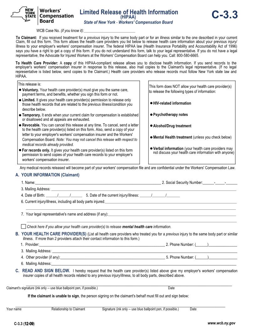 Limited Release Of Health Information (HIPAA) {C-3.3} | Pdf Fpdf Doc Docx | New York