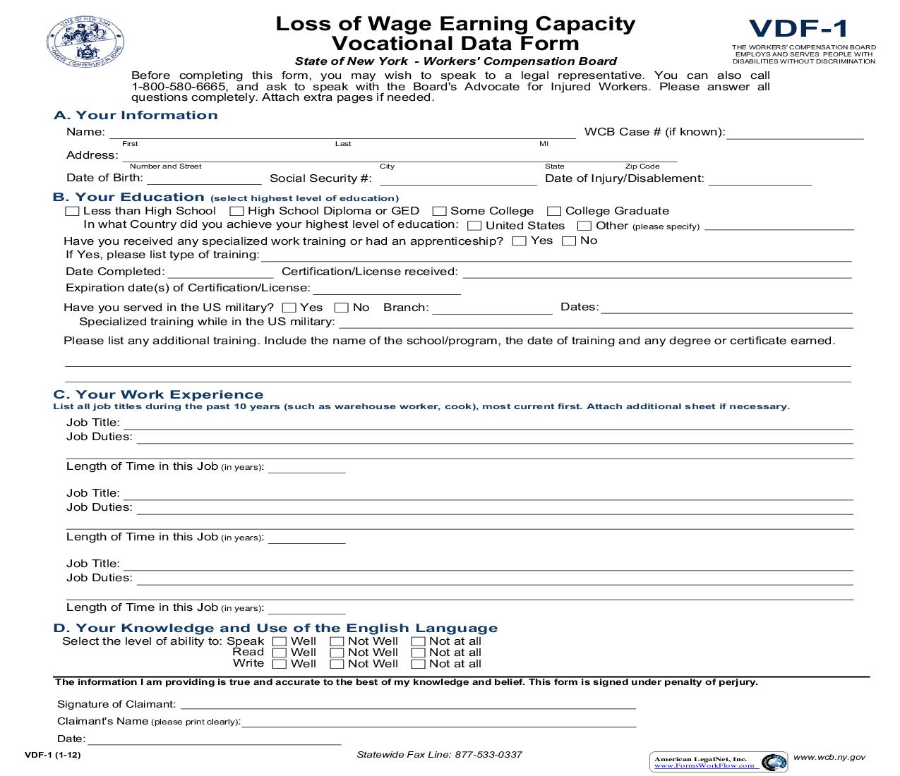 Loss Of Wage Earning Capacity Vocational Data Form {VDF-1} | Pdf Fpdf Doc Docx | New York