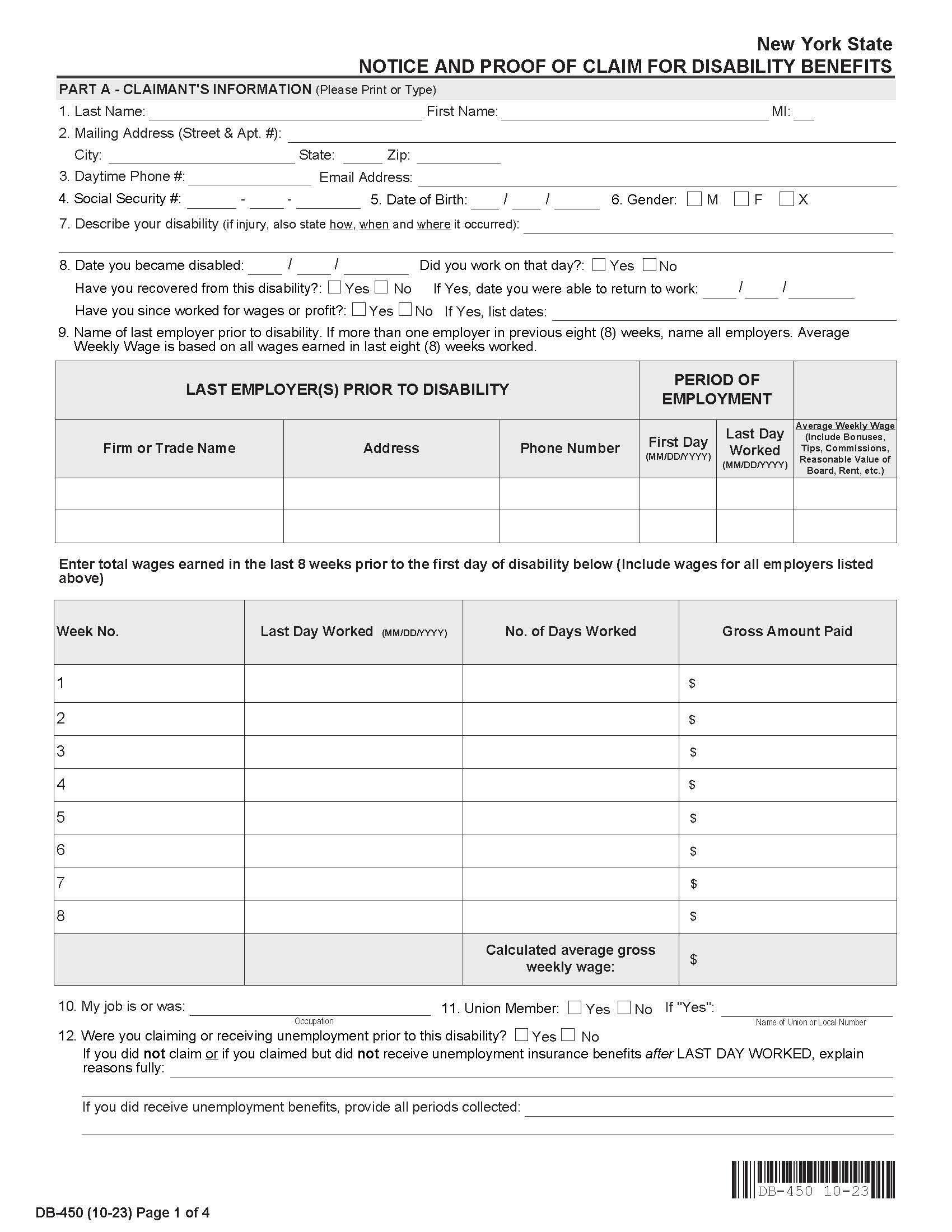 Notice And Proof Of Claim For Disability Benefits {DB-450} | Pdf Fpdf Docx | New York