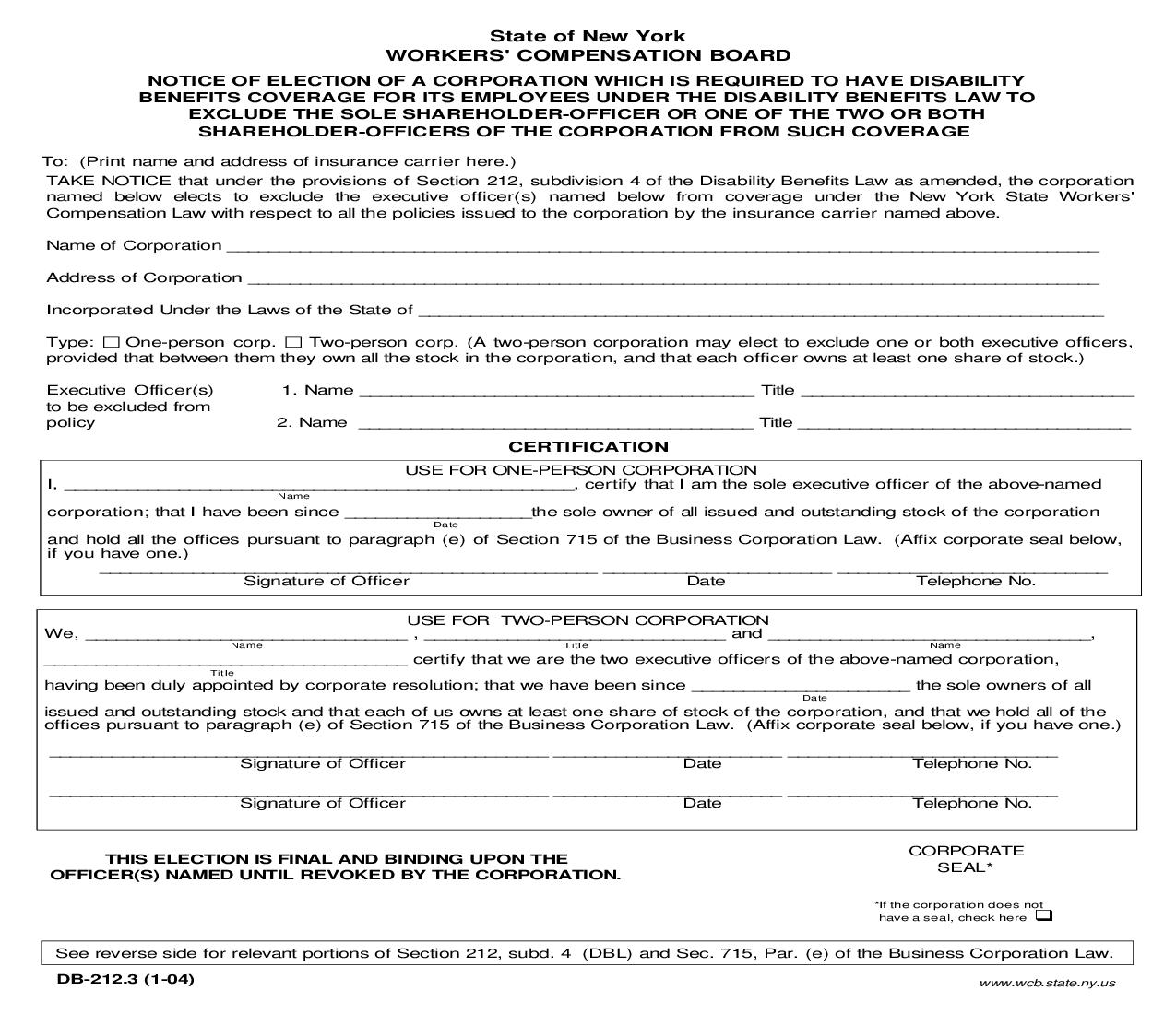 Notice Of Election Of Corporation To Exclude Shareholder Officers From Disability Coverage {DB-212.3} | Pdf Fpdf Docx | New York