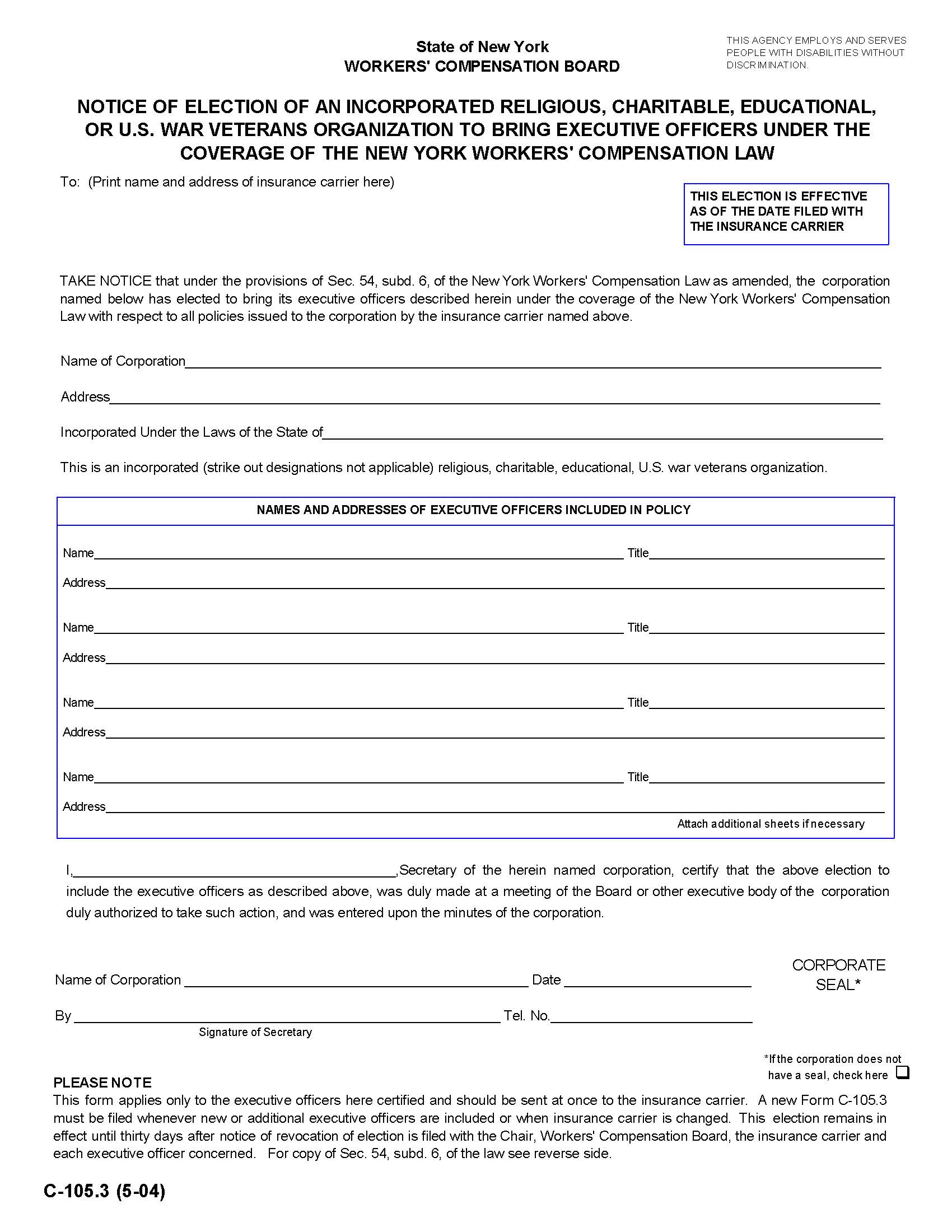 Notice Of Election Religious Charitable Organization Bring Executives Under NY WC {C-105.3} | Pdf Fpdf Docx | New York