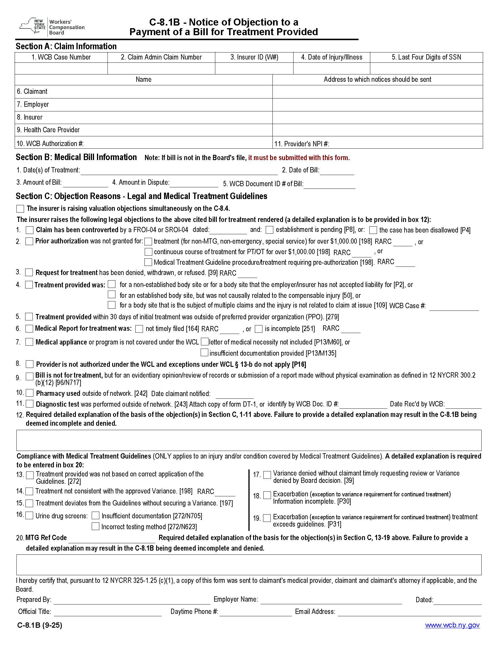 Notice Of Objection To Payment Of Bill For Treatment Provided {C-8.1B} | Pdf Fpdf Docx | New York