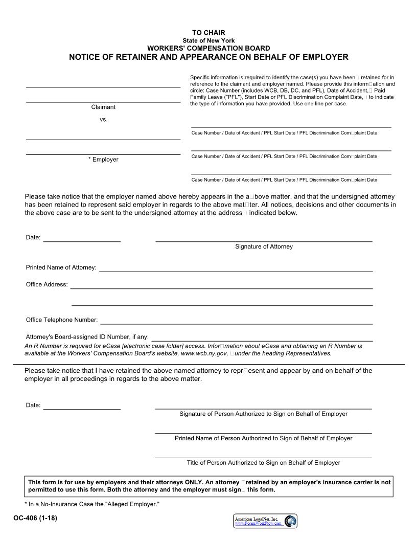 Notice Of Retainer And Appearance On Behalf Of Employer {OC-406} | Pdf Fpdf Docx | New York