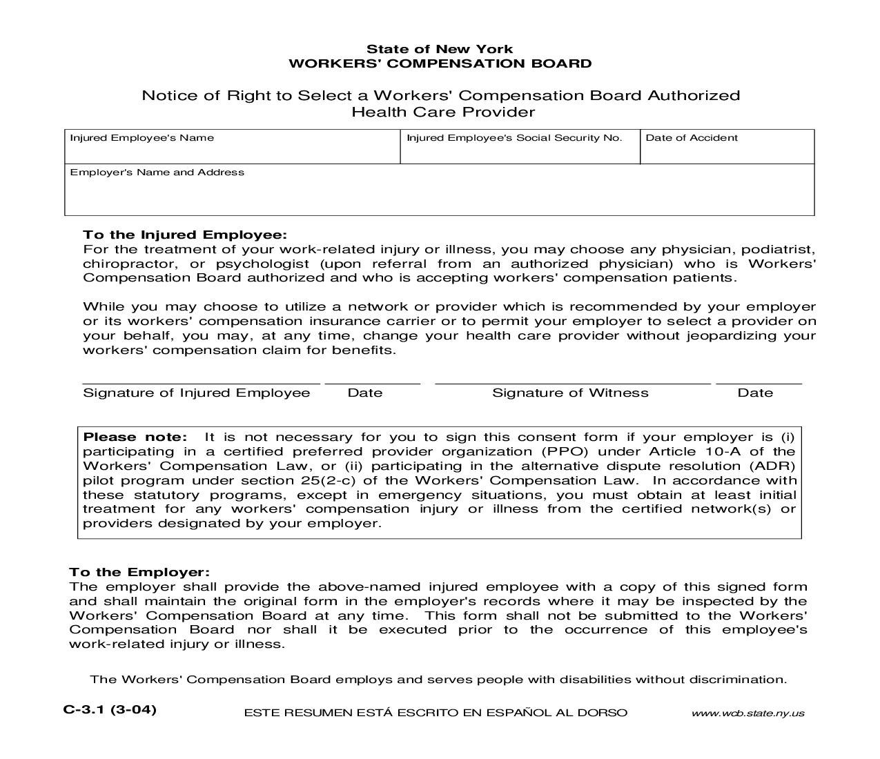 Notice Of Right To Select Workers Compensation Board Authorized Health Care Provider {C-3.1} | Pdf Fpdf Doc Docx | New York