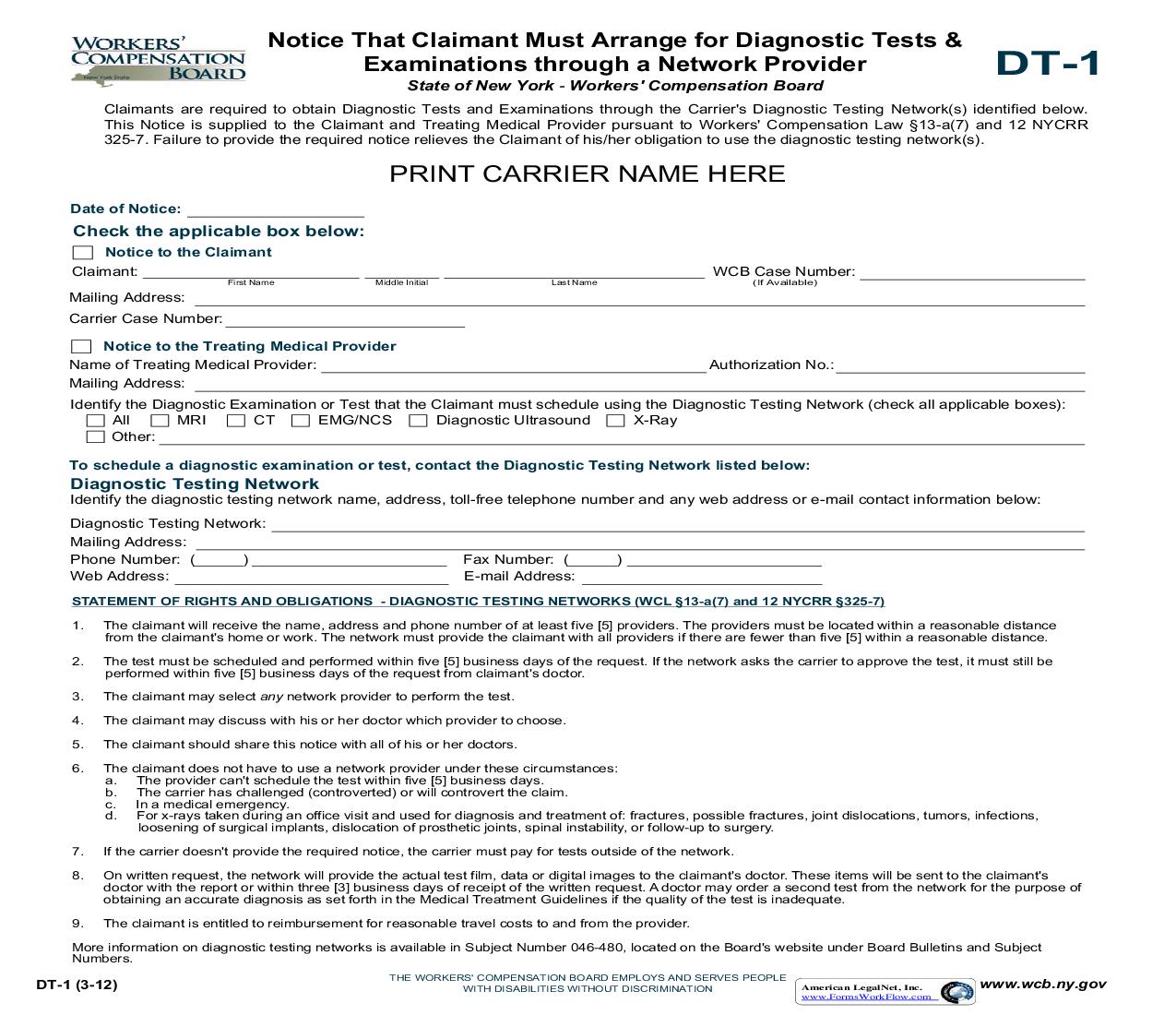 Notice That Claimant Must Arrange For Diagnostic Tests And Examinations Through Network Provider {DT-1} | Pdf Fpdf Doc Docx | New York