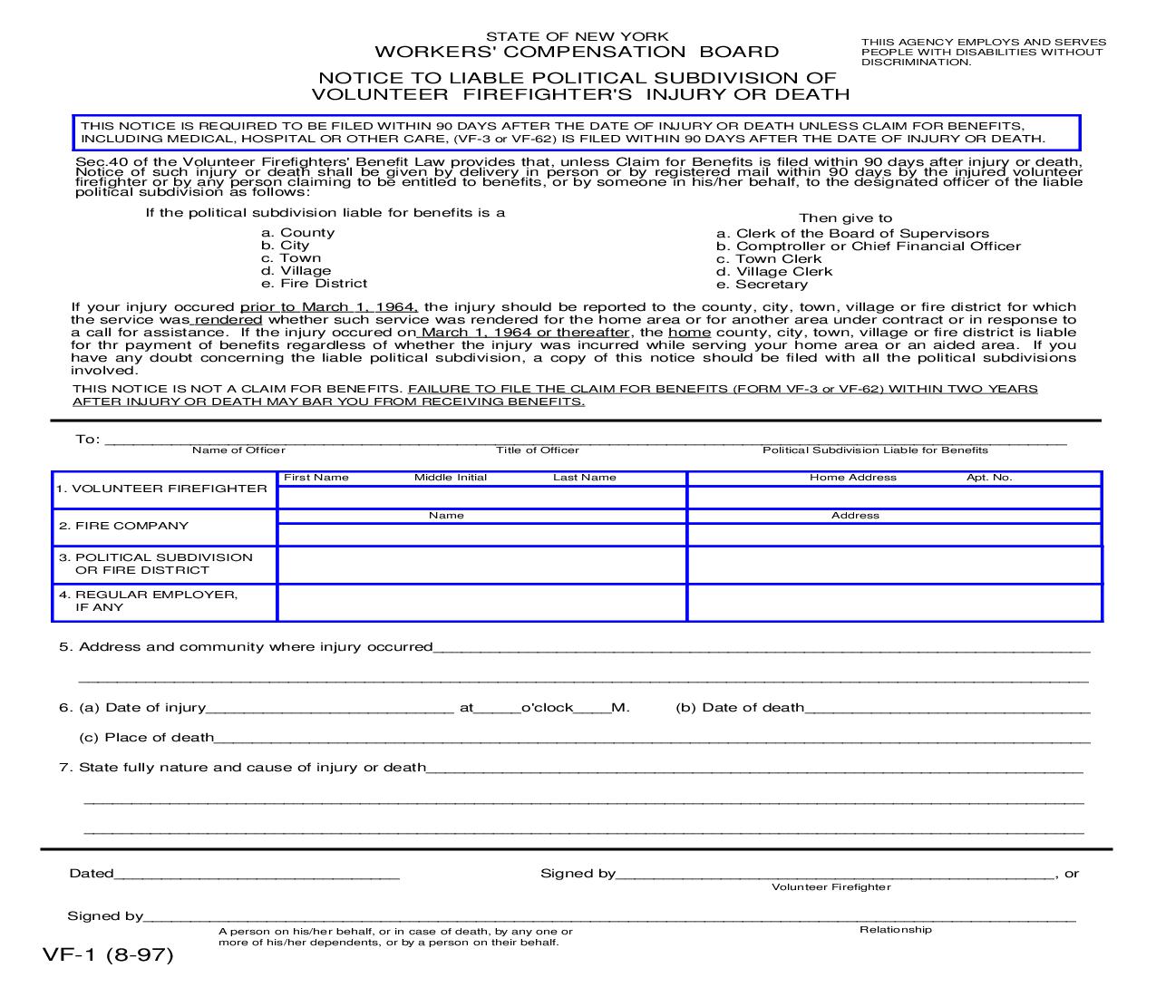 Notice To Liable Political Subdivision Of Volunteer Firefighters Injury Or Death {VF-1} | Pdf Fpdf Doc Docx | New York