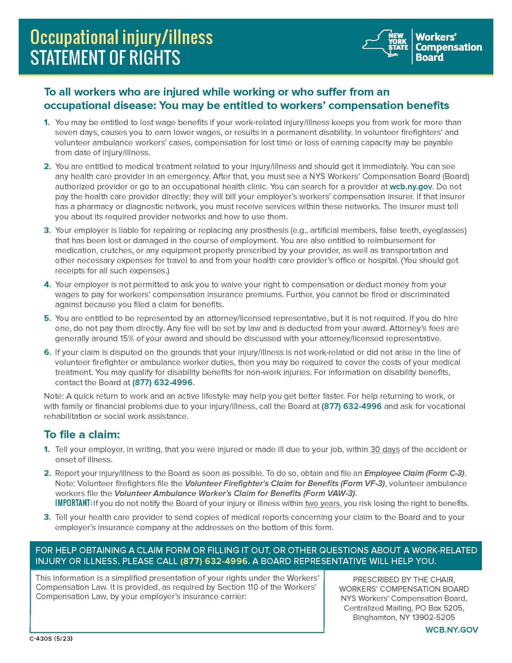 Occupational Injury-Illness Statement Of Rights {C-430S} | Pdf Fpdf Docx | New York