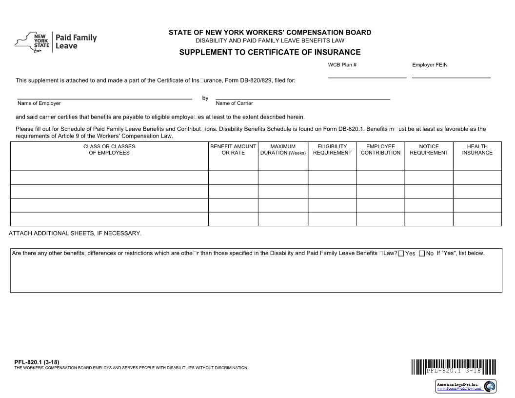 Paid Family Leave Supplement To Certificate Of Insurance {PFL-820.1} | Pdf Fpdf Docx | New York
