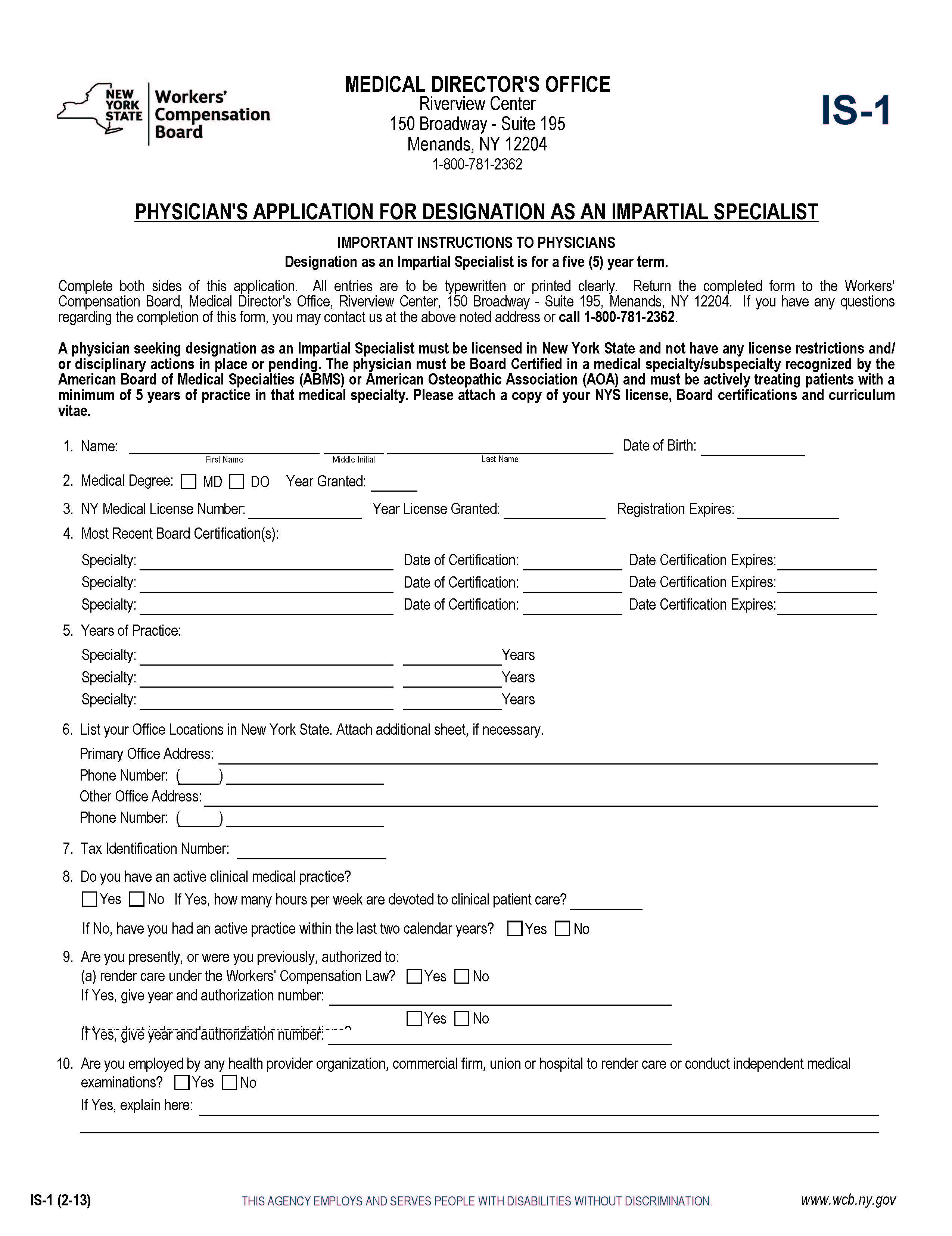 Physicians Application For Designation As Impartial Specialist {IS-1} | Pdf Fpdf Docx | New York