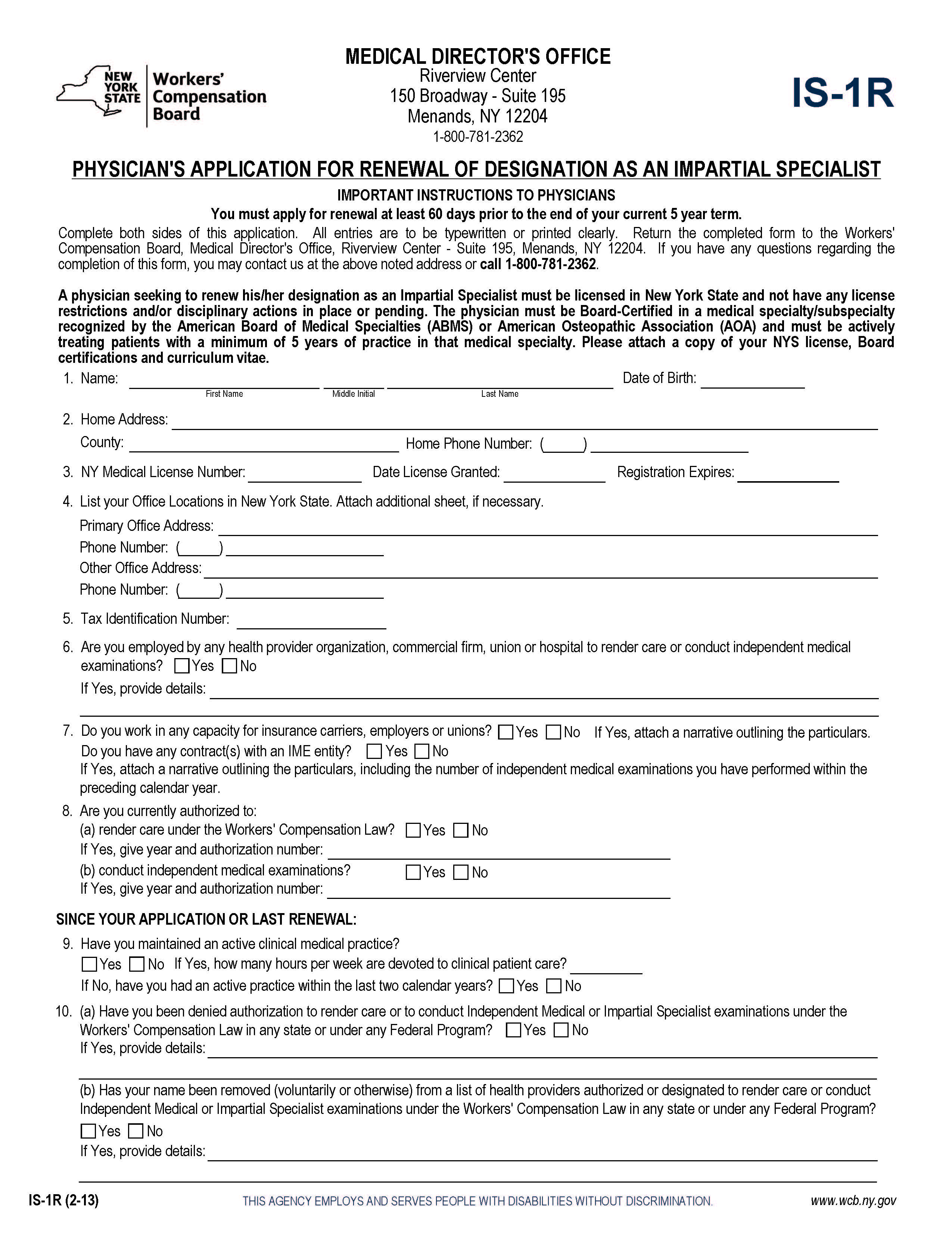 Physicians Application For Renewal Of Designation As Impartial Specialist {IS-1R} | Pdf Fpdf Docx | New York