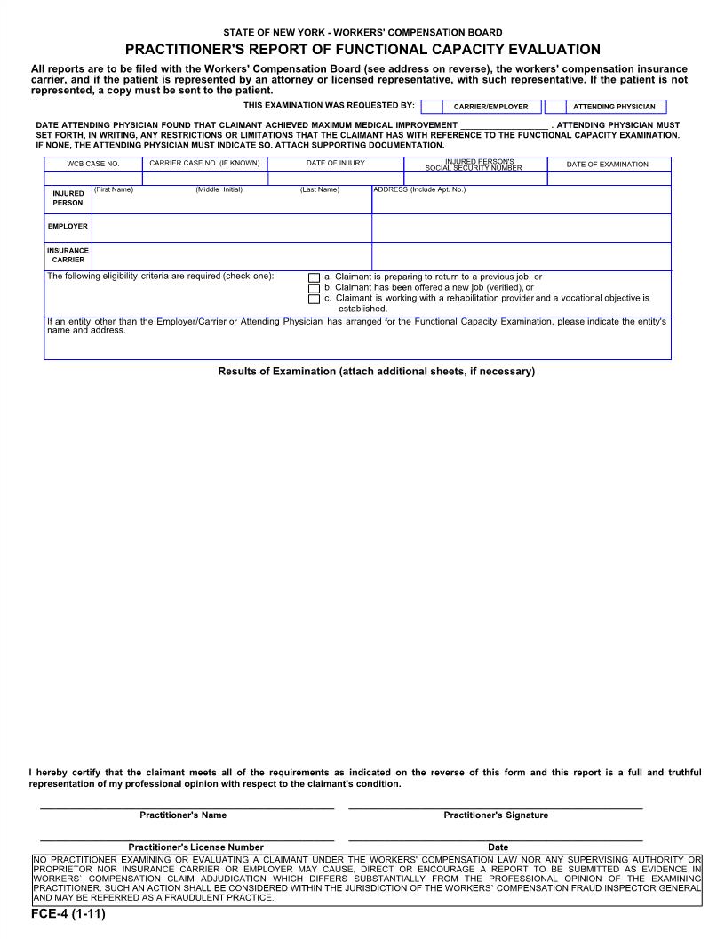 Practitioners Report Of Functional Capacity Evaluation {FCE-4} | Pdf Fpdf Doc Docx | New York