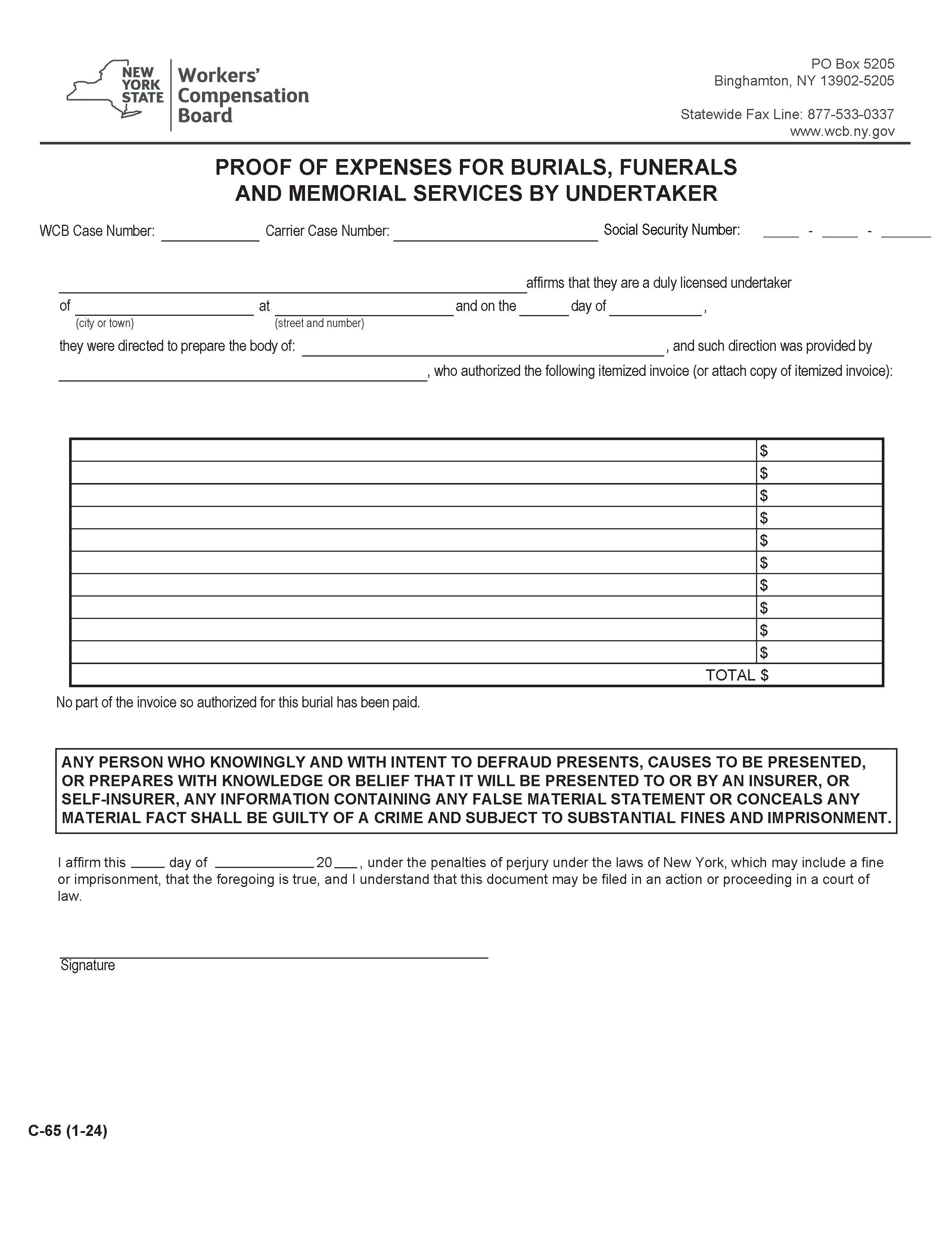Proof Of Burial And Funeral Expenses By Undertaker {C-65} | Pdf Fpdf Doc Docx | New York