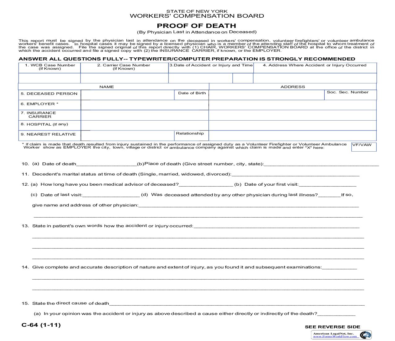 Proof Of Death By Physician Last In Attendance On Deceased {C-64} | Pdf Fpdf Doc Docx | New York