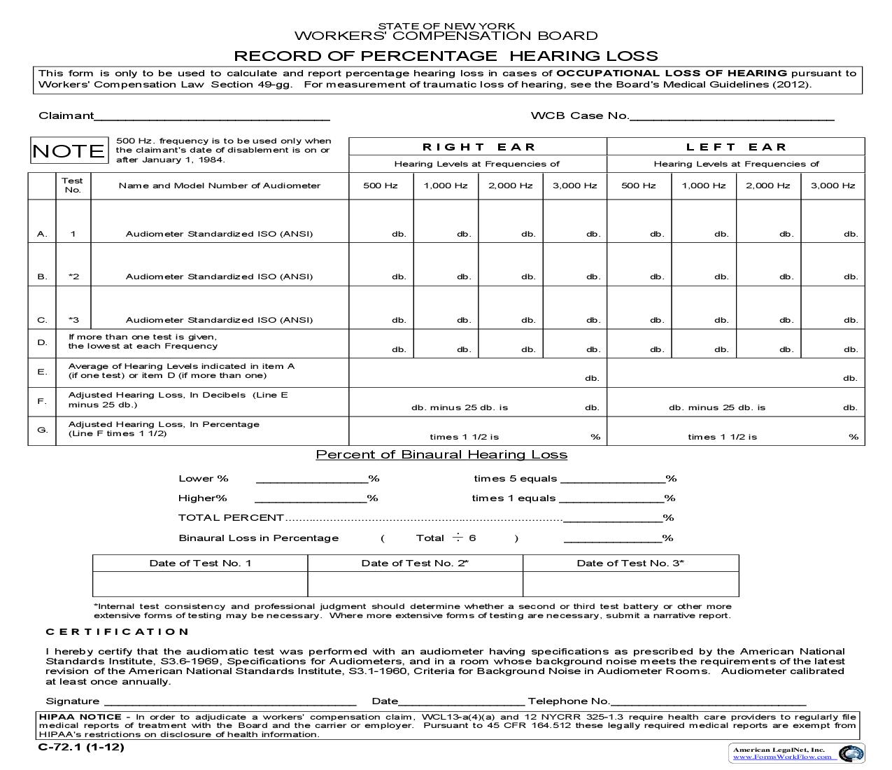 Record Of Percentage Hearing Loss {C-72.1} | Pdf Fpdf Doc Docx | New York